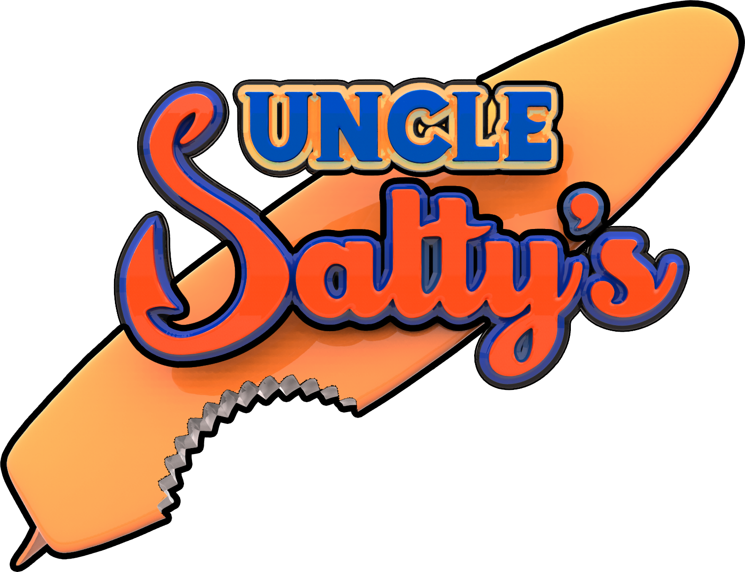 Uncle Salty's logo, a surfboard with a shark bite chomped out of it.